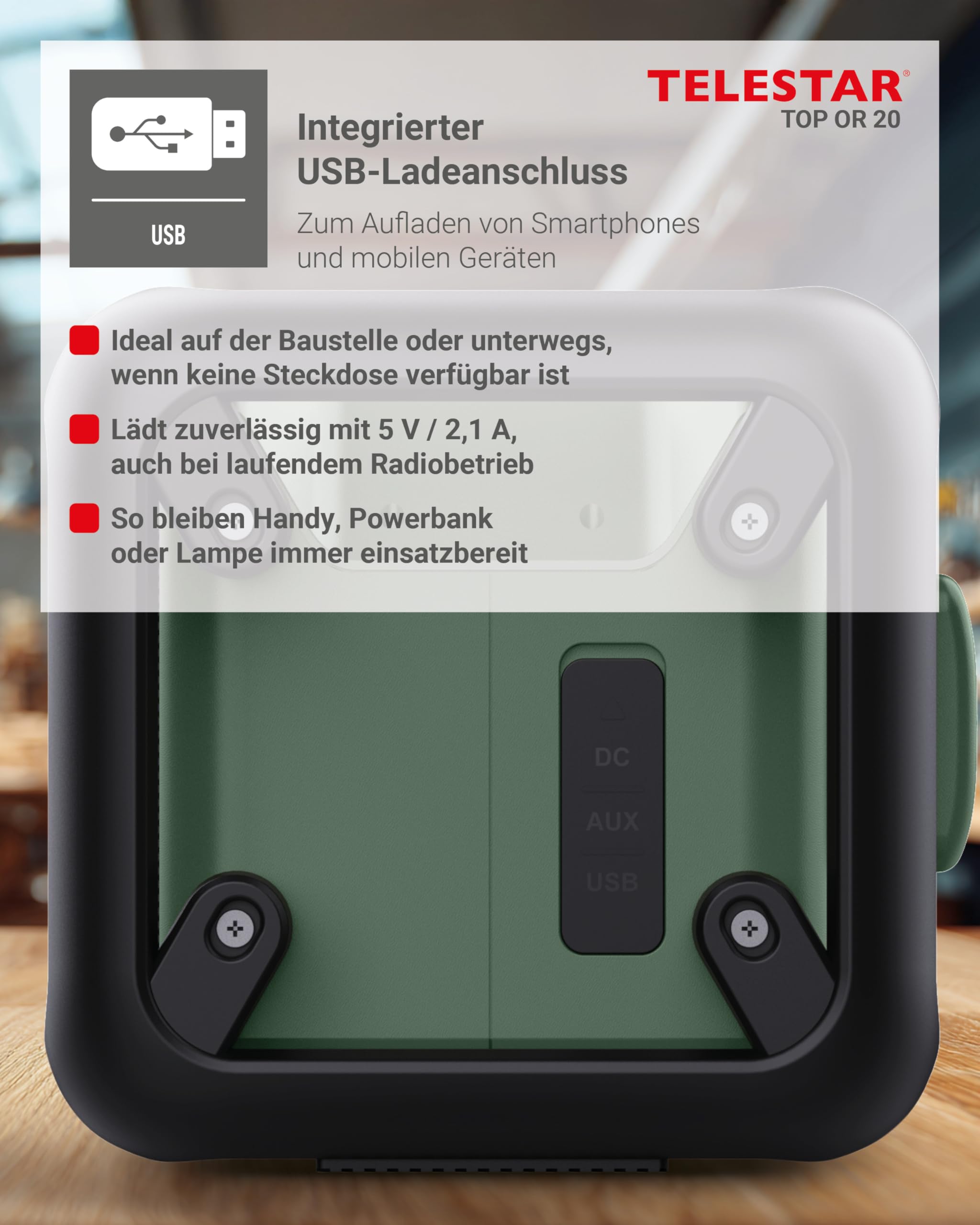TELESTAR TOP OR 20 – Baustellenradio, läuft mit Marken-Akkus (Makita etc.) | Robust, DAB+, Bluetooth Audio-Streaming, für Akkus von Makita, DeWalt, Bosch, Milwaukee, 80 W Stereo, USB, Akku-/Netzbetrieb