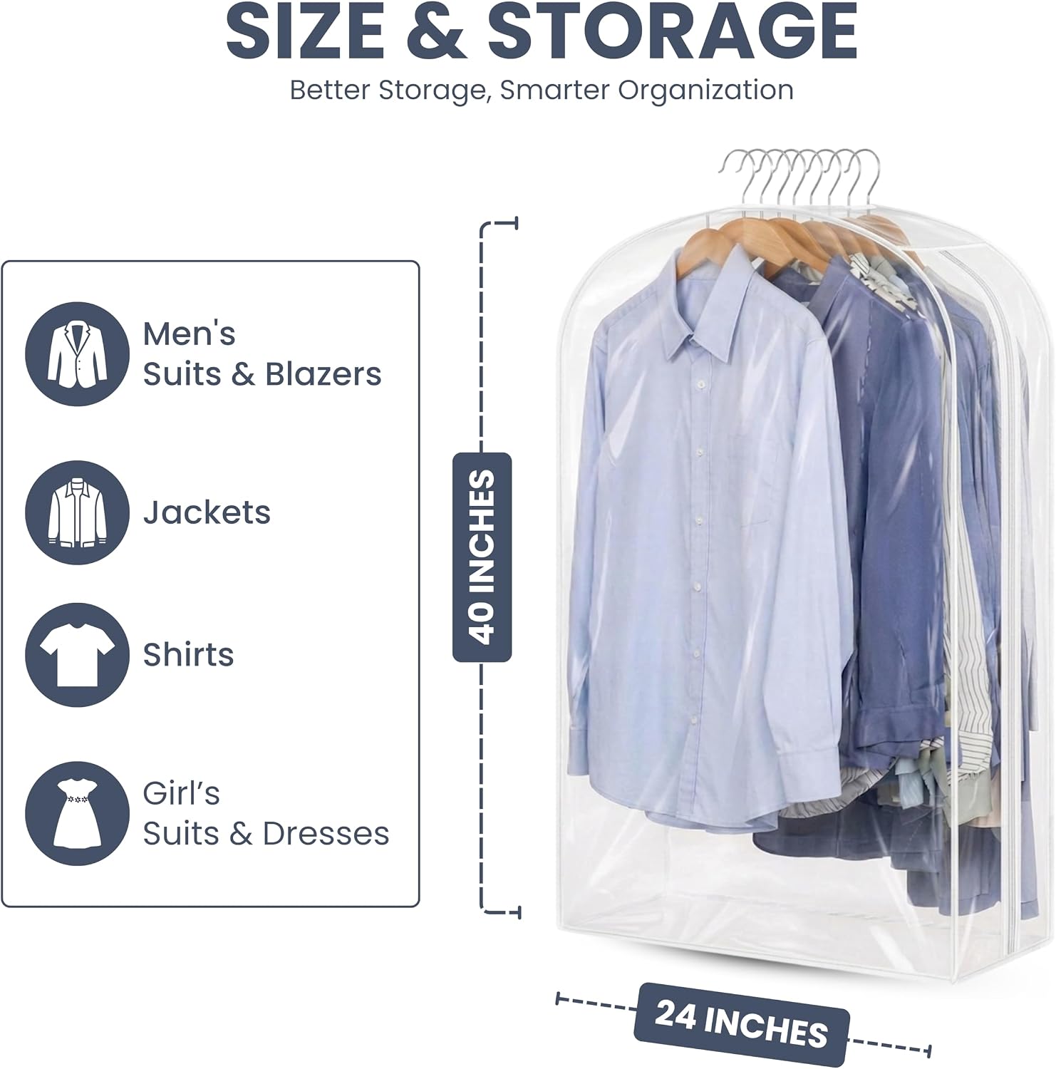 Garment Bags for Dresses, 24" Extra Wide All Clear Garment Covers with Side Zipper, 40" Suit Bags for Closet Storage, Travel Garment Bag for Hanging Clothes – Pack of 4
