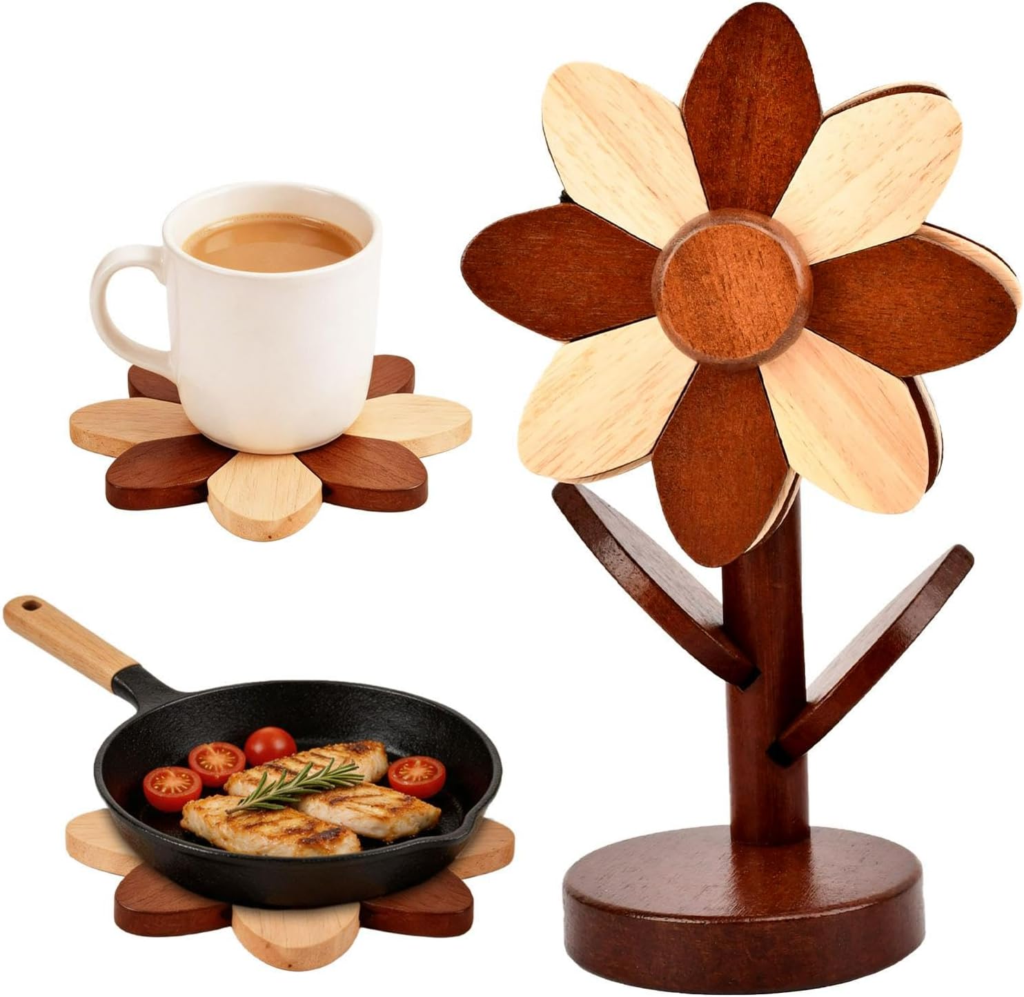 Wooden Trivets for Hot Dishes, Set of 5 Sunflower Shaped Hot Pads with Tree Storage Stand, Rubberwood Trivet Set for Pots Pans Tea, Table Protector Coasters Snack Trays（Walnut）