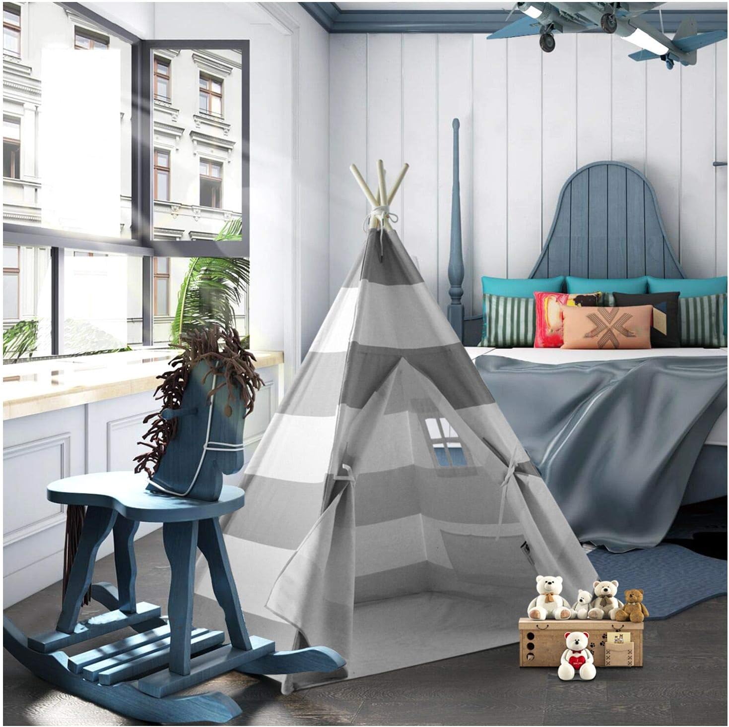 Teepee Tent for Kids Boys Indoor Play Teepee Tent for Boy Grey Stripe Teepee Kids Tent Indoor for Children Nursery Decor, Foldable Teepee for Boys & Girls Birthday Gift