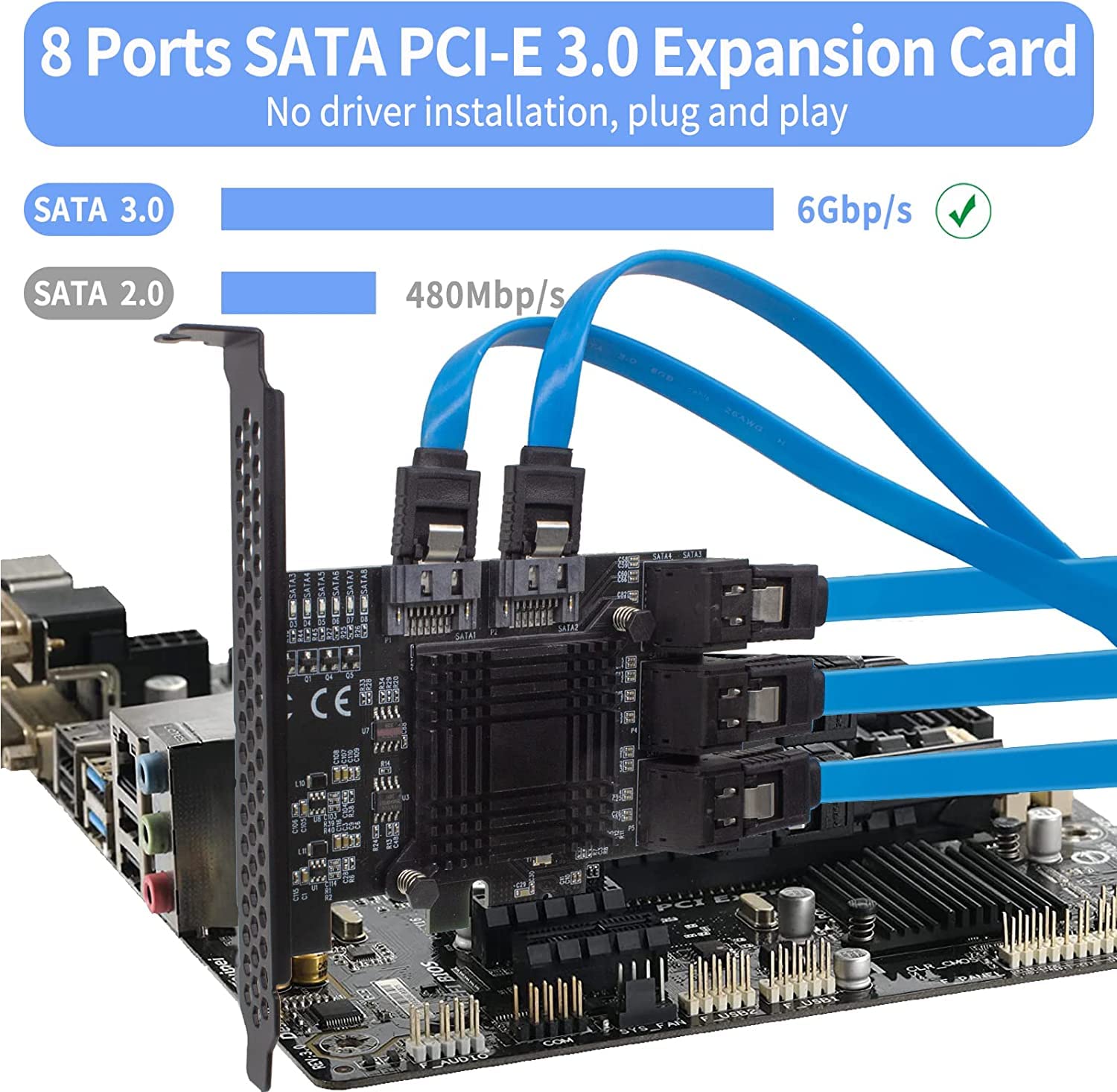 8-port SATA 3.0 PCIe Controller Card, 6 Gbps, 8 SATA Cables, Windows/Mac/Linux Compatible