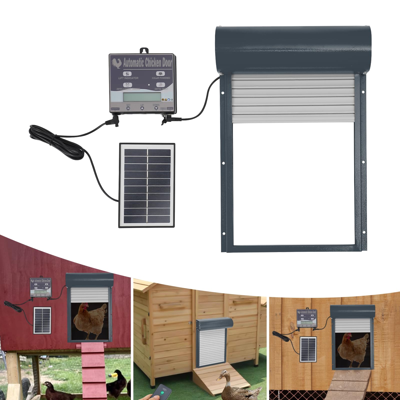 Clapet solaire automatique avec écran LCD, minuterie et capteur de lumière, porte de poulailler électrique avec télécommande, protection anti-pincement, 4 modes pour maisons, fermes, gris