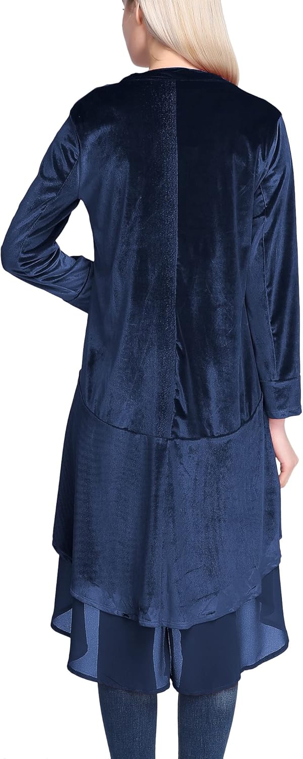 Urban CoCo Women's Long Sleeve Velvet Cardigan Coat with Asymmetric Chiffon Hem - Image 5