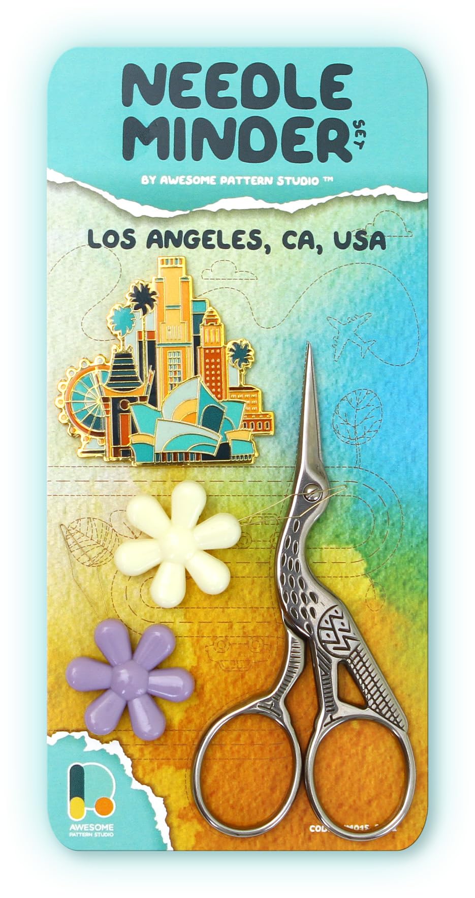 Awesome Pattern Studio Needle Minder Set - Los Angeles Magnetic Needle Minder + 2 Needle Threaders + Crane Scissors. Enamel Pin for Cross Stitch, Embroidery and Craft