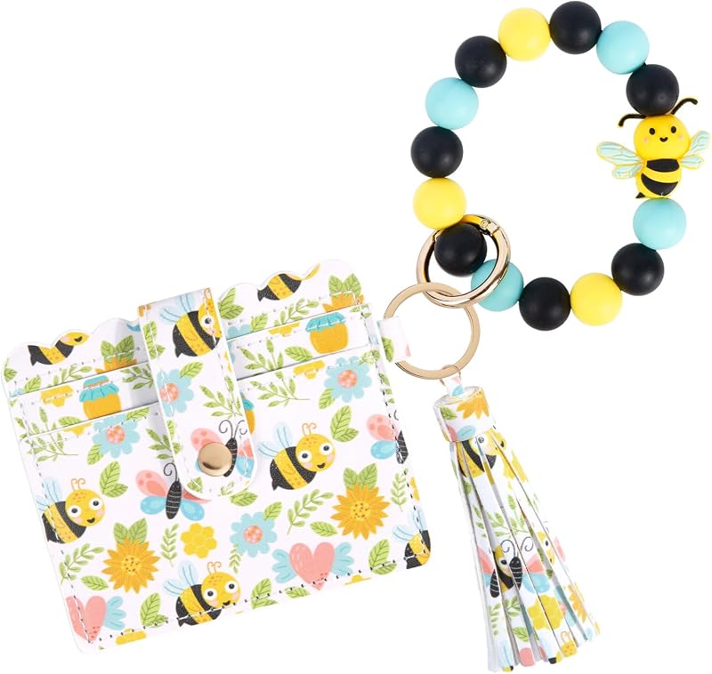 Carteira porta-cartões com chaveiro de pulso elephtree, pulseira de contas de silicone, porta-cartão de couro sintético PU com tassel
