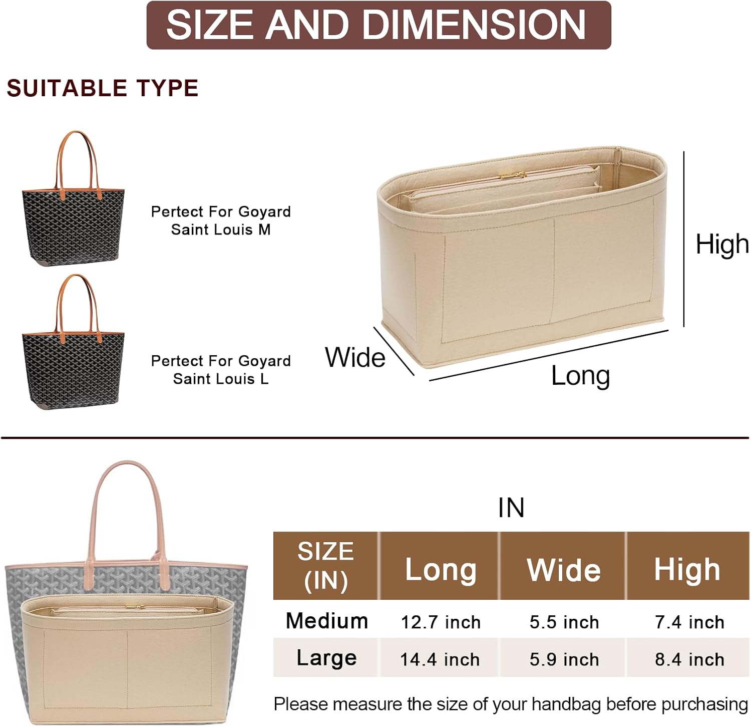 DOIAPUOS Tote Bag Organizer Insert for Saint Louis PM Size, Premium Felt Zipper Organizer with Cup Holder Tote Organizer (Beige) - Image 2