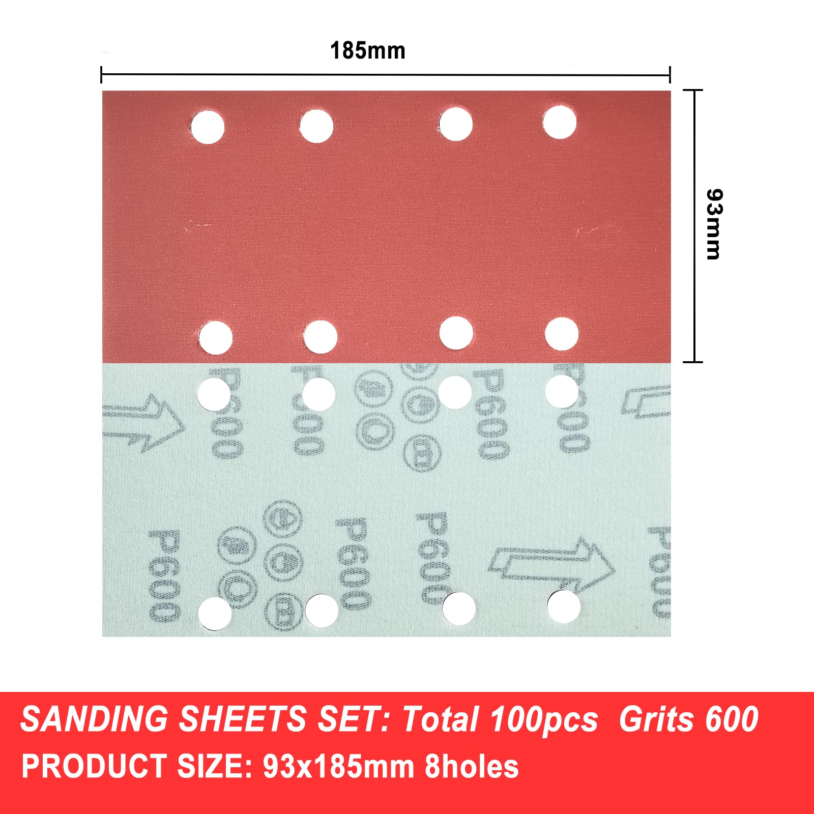 Wanmutrun Rectangular Detail Sandpaper 100Pcs Sander Pads 93x185MM Grit 600 8Hole Sanding Sheets for Electric Sander Hook and Loop Sanding Pads - Image 2