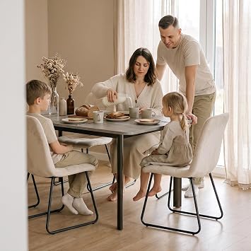 JIEXI Expandable Dining Table and 6 Chairs Set Grey Placemat with Beige Flannel Upholstered Chairs Dining Room Furniture for Living Room Office