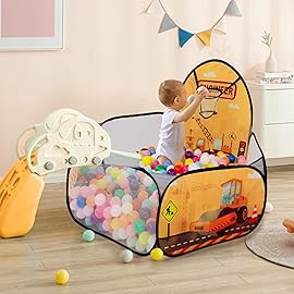 LOJETON Kids Ball Pit, Pop Up Children Play Tent, Toddler Ball Pool Baby Crawl Playpen with Basketball Hoop, Portable Toys for Girls Boys, 4 ft / 120 cm, Balls Not Included, Engineering Car