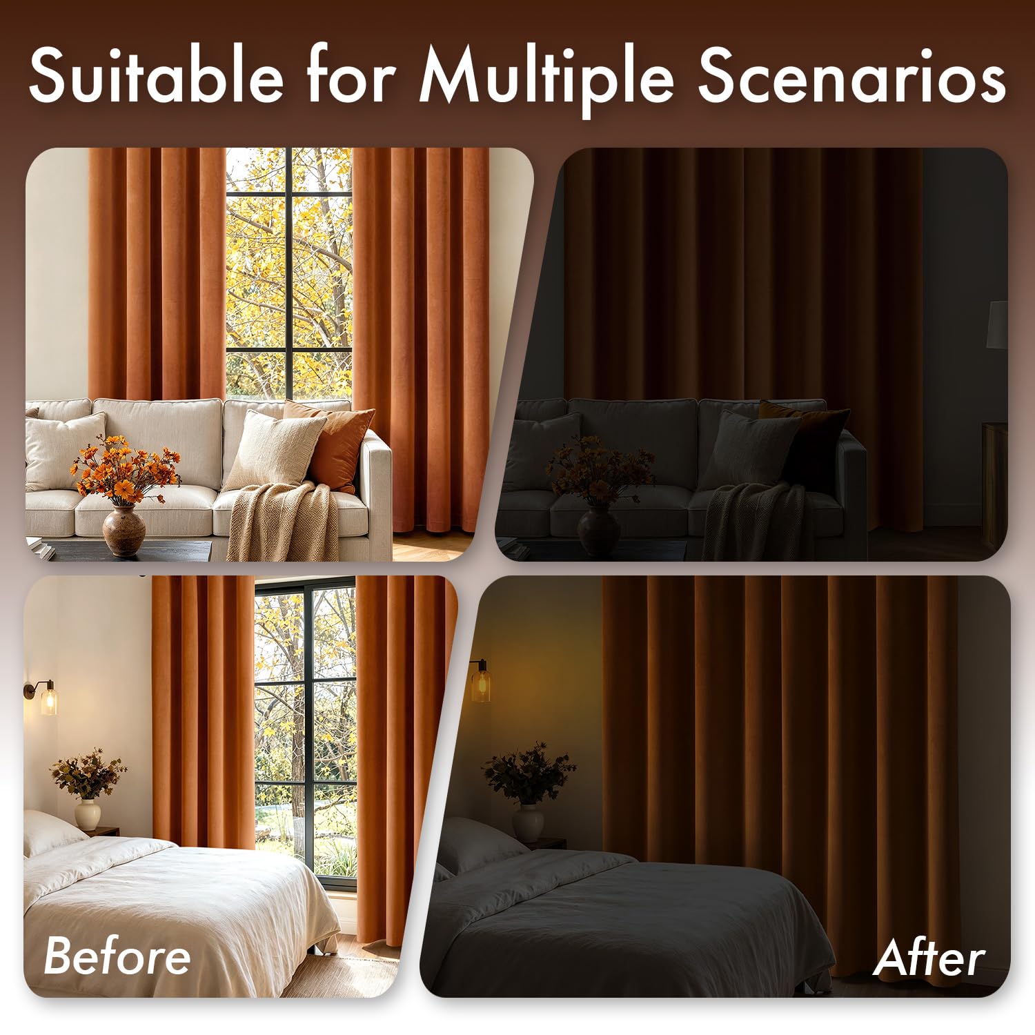 EMEMA Lot de 2 rideaux opaques en velours avec œillets - Orange foncé - 300 x 140 cm (H x l) | Rideaux en velours avec œillets, décoratifs, pour salon, doux, occultant, thermique, insonorisant, chambre à coucher