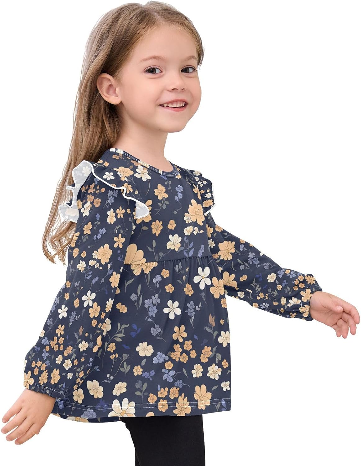 visesunny Toddler Clothes for Girls Light Yellow White Flower Long Sleeve Fall Shirts Cotton Top with Ruffle Collar