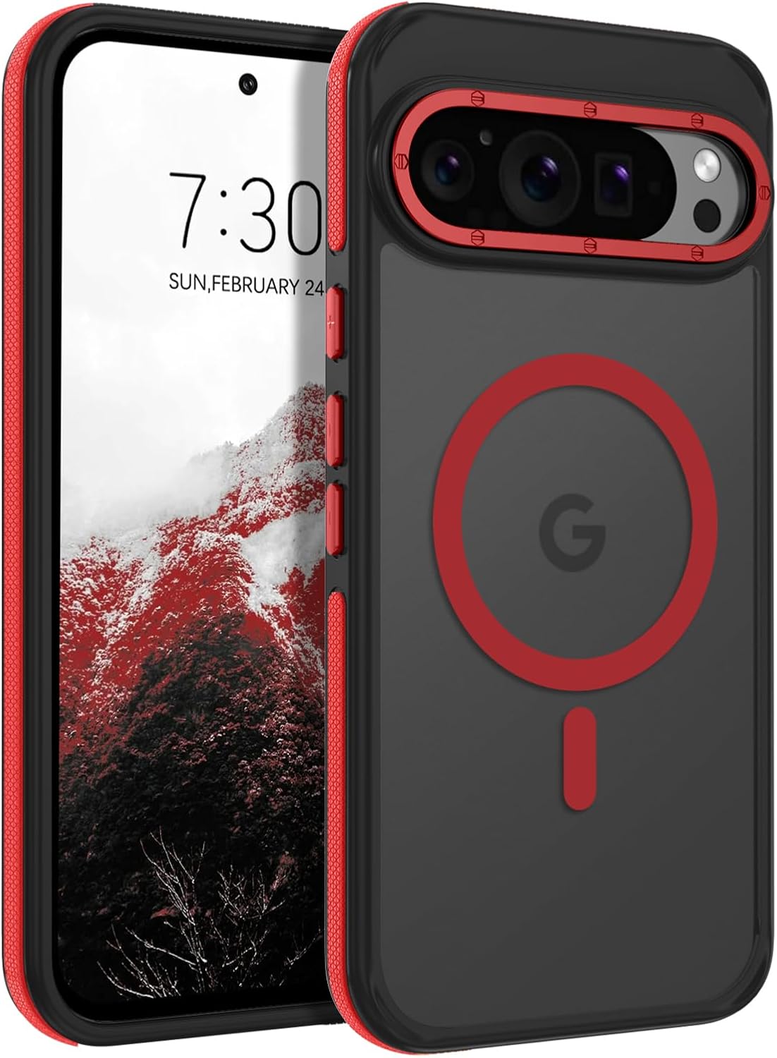 VENINGO Pixel 9 Pro Case, Pixel 9 Case, Magnetic Compatible with MagSafe Translucent Matte Anti-Slip Edge Design Slim Thin Shockproof Protective Phone Cover for Google Pixel 9/9 Pro 2024, Black/Red