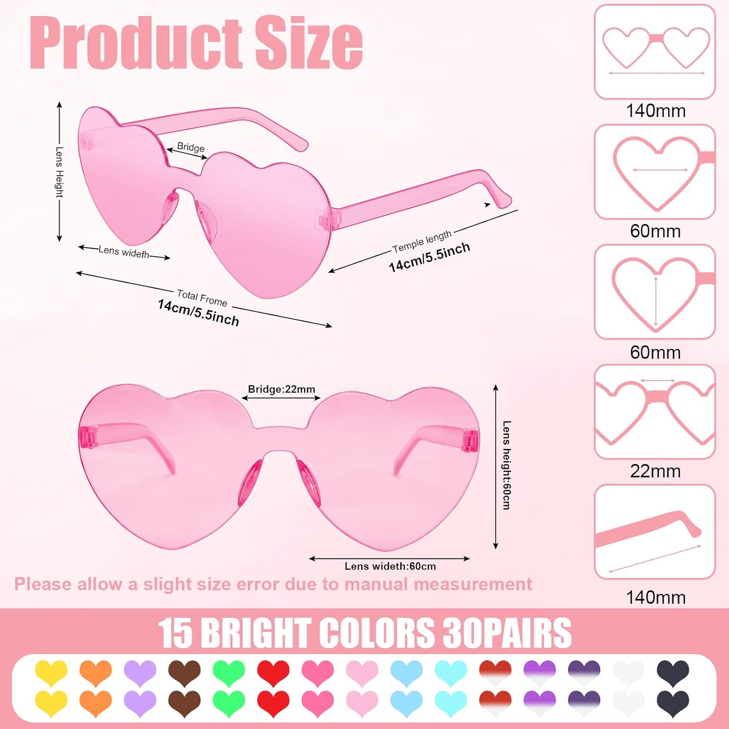 30 Pairs Heart Shaped Rimless Sunglasses,Candy Color Frameless Glasses,Transparent Heart Sunglasses for Women - Image 2