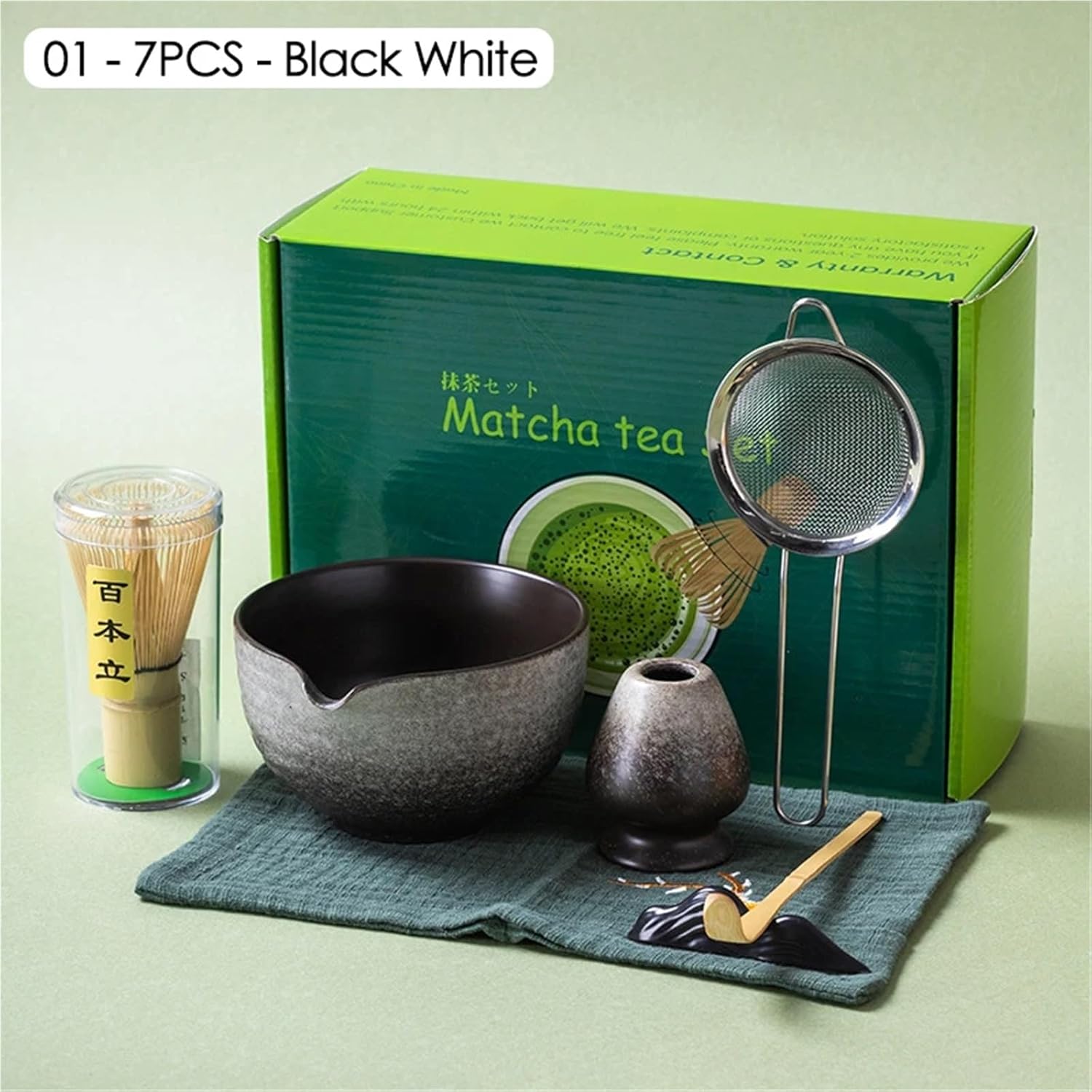 5/7PCS Matcha Blender Set Ceramic Bowl Bamboo Matcha Brush Teaspoon Teaware(04 5PCS Black)