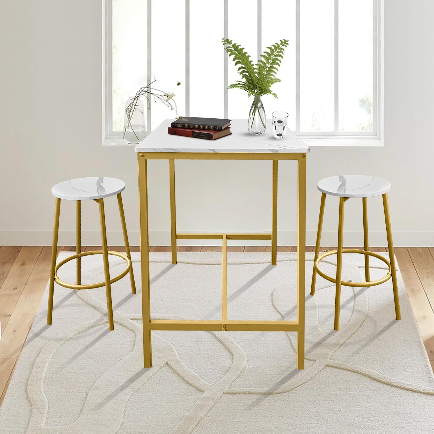 AT-VALY 3-Piece Bar Table Set with 2 Stools,Dining Room Table Set,Small Spaces (Gold)