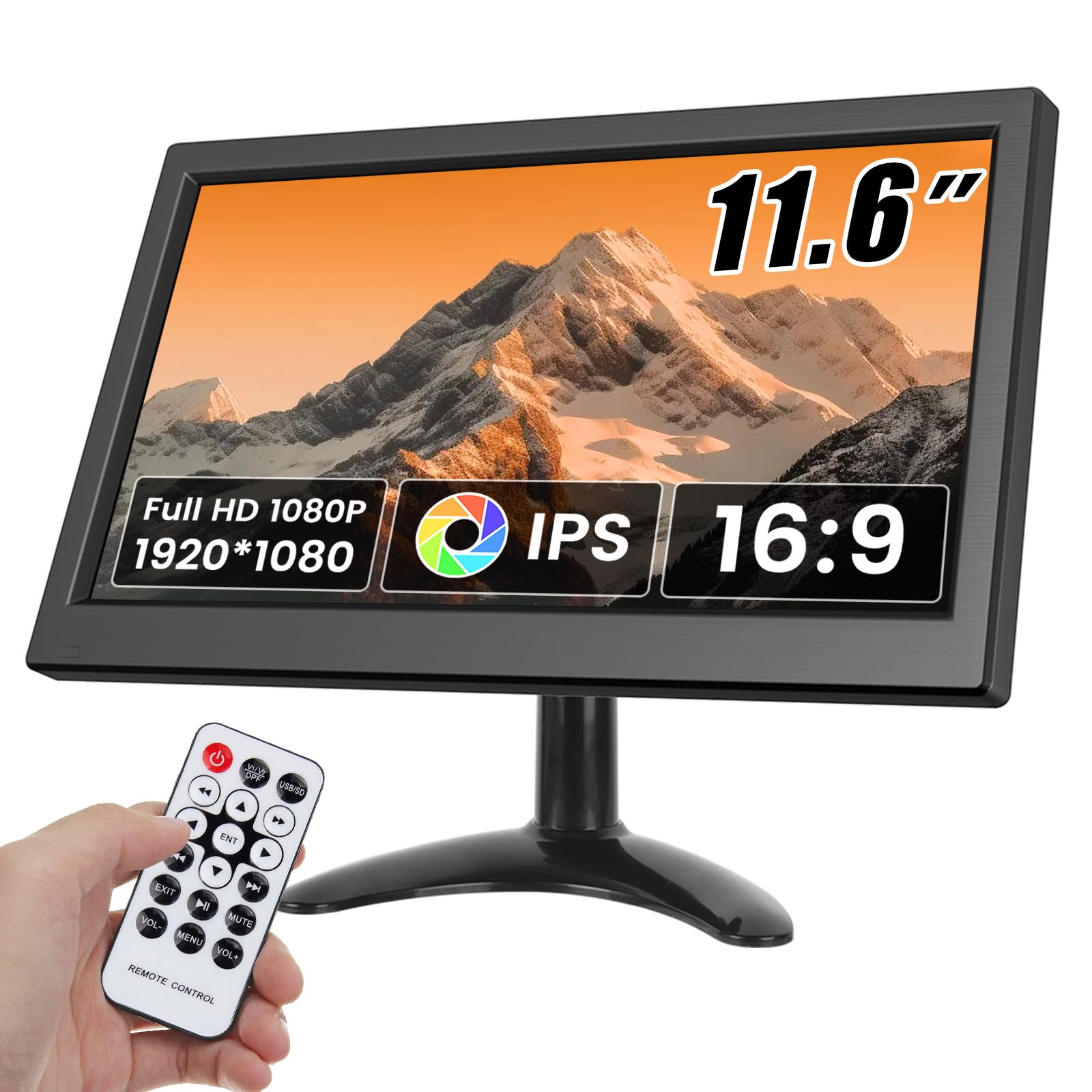 Hikity 11.6 Inch Small HDMI Monitor 1920x1080P Portable CCTV Monitors with BNC, AVI, VGA, HDMI Input Cable, Remote Control, Built-in Speakers, for PC,