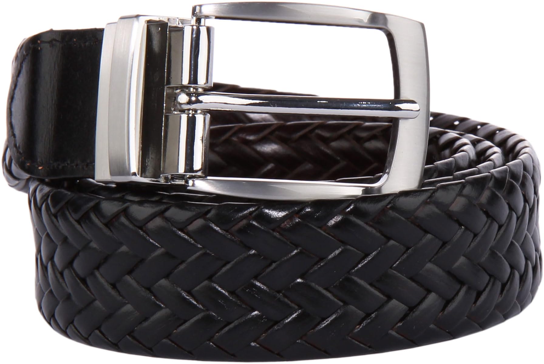 JUSTINREESS ENGLAND London Men’s Reversible Woven Full Grain Leather Belt 1.3", Casual Belt with Anti-Scratch Zinc-Alloy Buckle (Black & Brown, Size