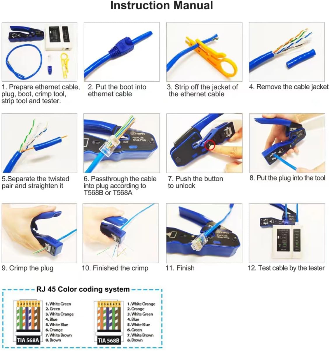 RJ45 Crimp Tool Kit, Pass Through Ethernet Crimper, Professional Ethernet Crimping Tool Kit, RJ45 Crimp Tool and Tester(9V Battery Not Included) All-In-One Kit for Cat5e Cat6 Cat6a 8P8C