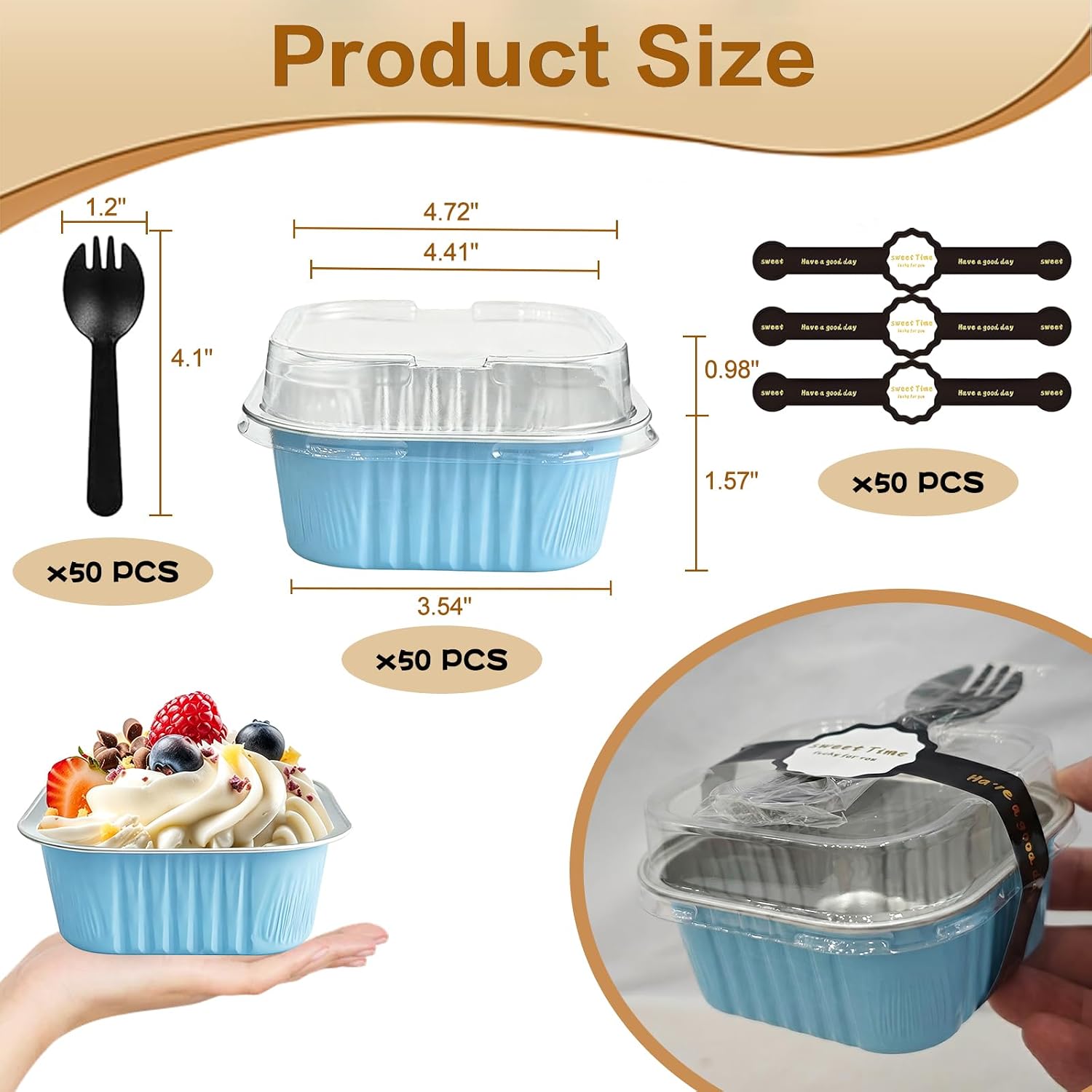 Mini Cake Pans With Lids And Spoons 10 oz 50 Pack Individual Small Cake Aluminum Foil Pans Disposable Square Mini Brownie Baking Cupcake Liners Muffin Tin tins (Light blue, 10oz)