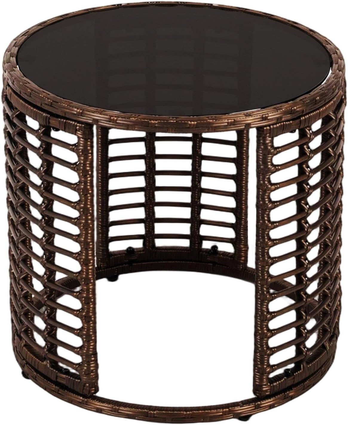 Kinfant Round Outdoor Wicker Coffee Table – Patio Side Table with Tempered Glass Top, Ottoman Style End Table for Balcony, Porch, Deck, Garden, Weather-Resistant Rattan, Easy Assembly