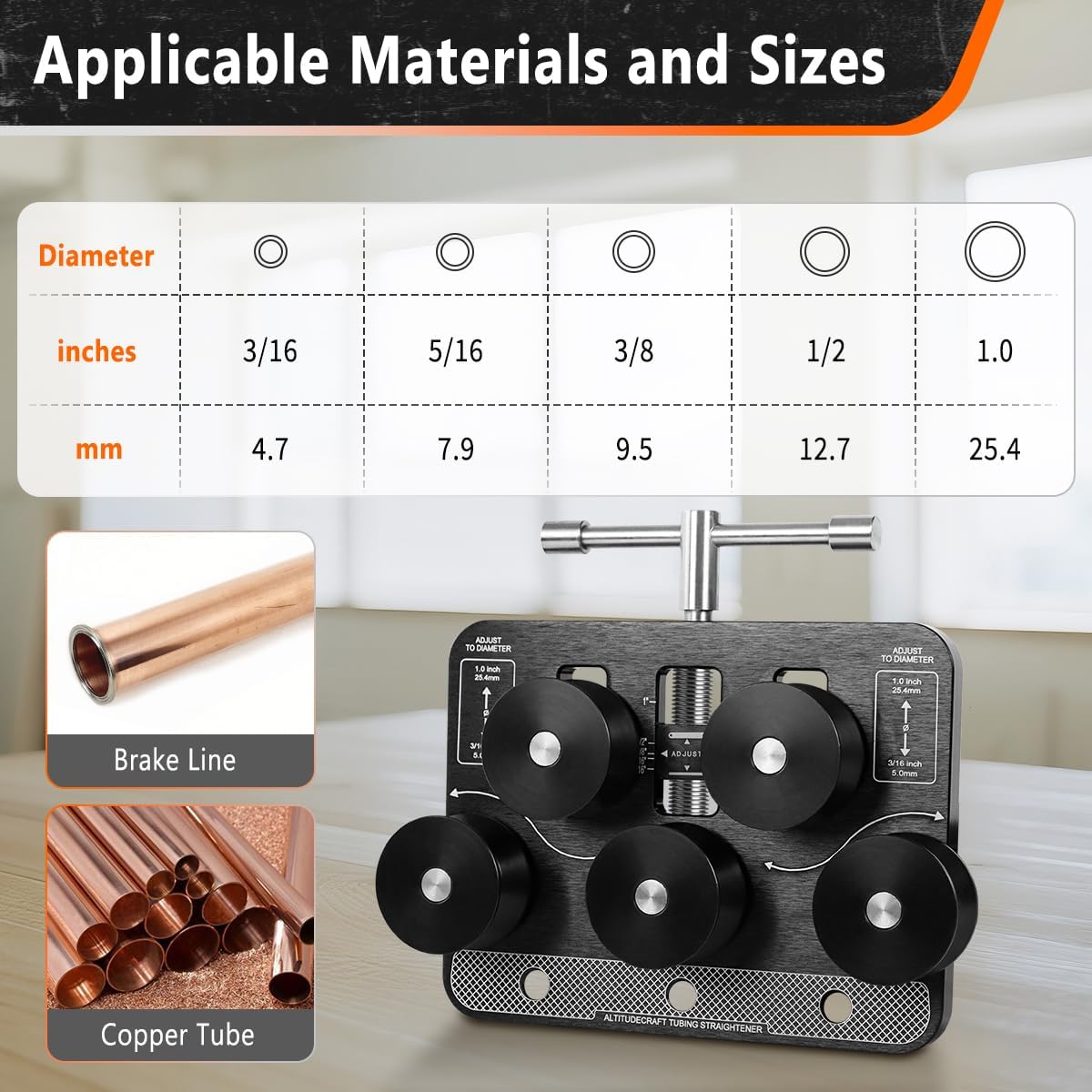 Tubing Straightener, Heavy Duty Pipe and Tubing Brake Line Straightener, Tube Straightener for 3/16" - 1.0" Diameters, Fuel Line/Soft Aluminum/Copper Tubing with Bench Vise Mount