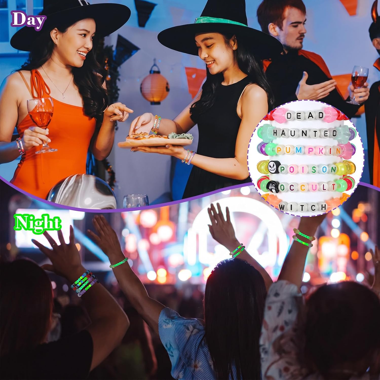 Equsion 48 Pcs Music Party Supply Rave Kandi Bracelets Glow in the Dark Wear and Trade Handmade Party Rave Bracelets Alphabet Plus Music Festival Accessories Every Time for Women Men (Halloween)