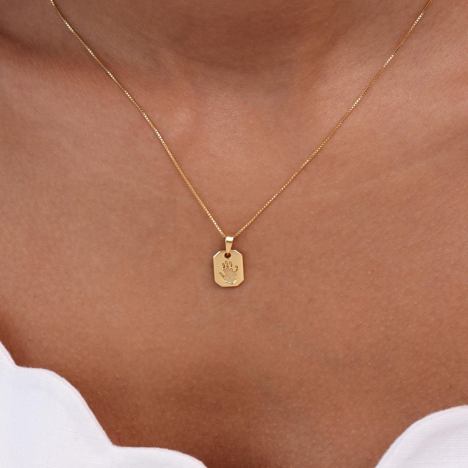 bebé huella de la mano huella del pie Collar plata de ley 925 Mini placa colgante Día de la Madre hechos a mano