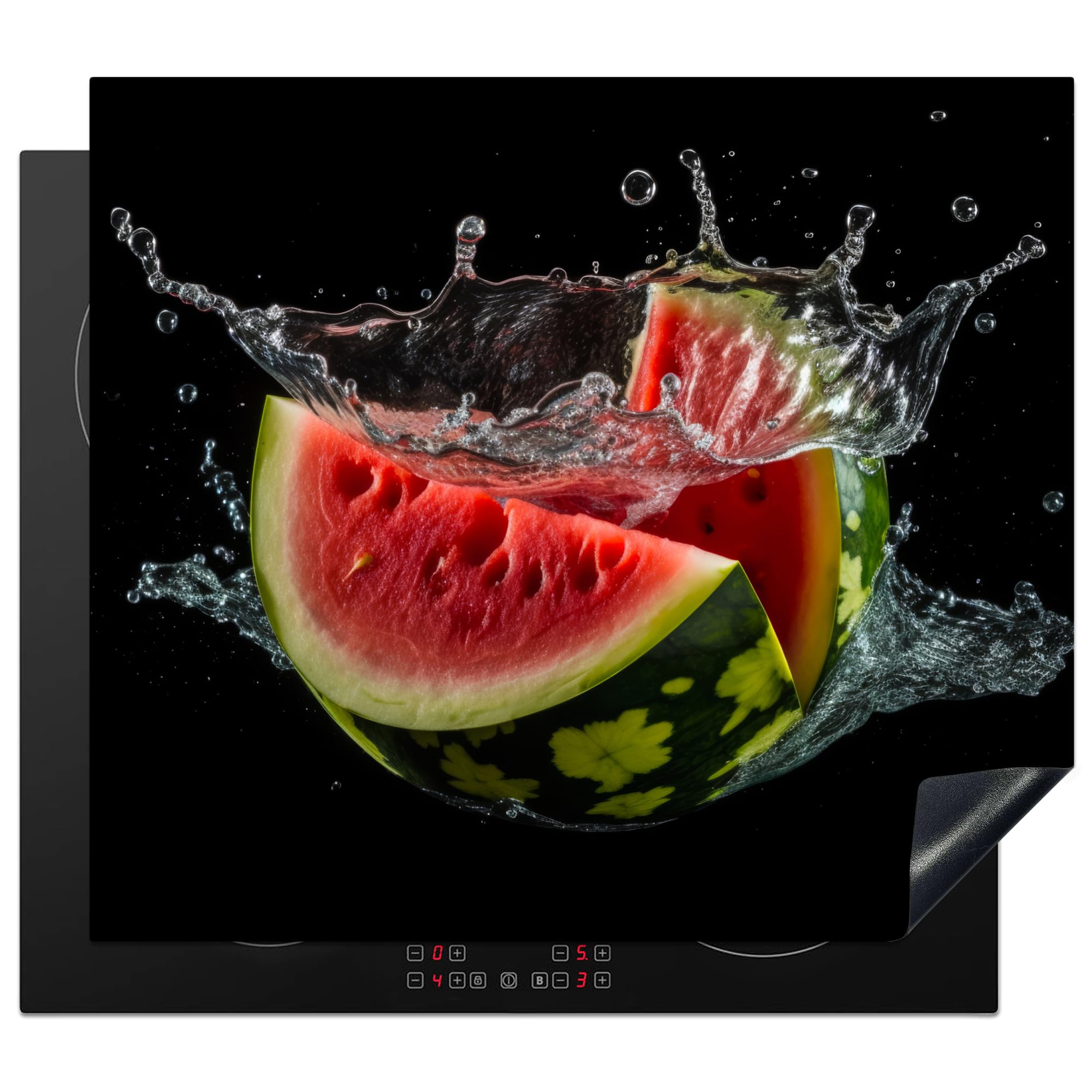 KitchenYeah© Induction Hob Cover Protector Mat 20.1"x23.2" / 59x51 cm Kitchen Universal Ceramic Covers for Electric Cookers Vinyl Watermelon - Black - Water - Fruit - Melon