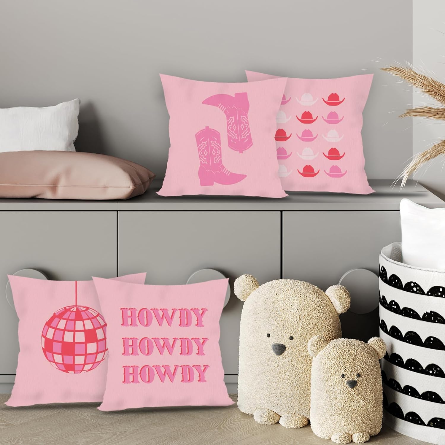 Hot Pink Preppy Howdy Western Cowgirl Boot Hat Disco Ball Decorative Throw Pillow Covers,Preppy Pillow Case Covers for Home Preppy Room Dorm Decor,Teen Girls Gifts,18×18 Inch Set of 4