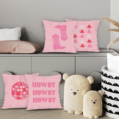 Miniatura 2 de Juego de 4 fundas de almohada decorativas de 18 x 18 pulgadas, color rosa intenso, con diseño de vaquera occidental, diseño de bola de discoteca