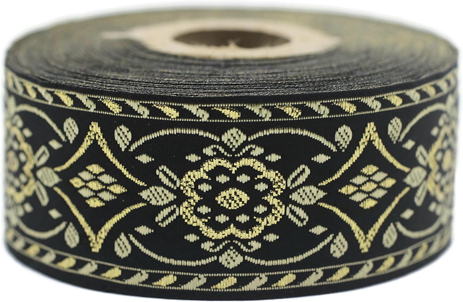 11 Yard Spool 1.37 inches Wide Anatolian Gold and Black Jacquard Ribbon Vintage Sewing Trim Geometric Banding Tape 35948
