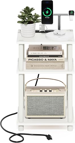 Miniatura 4 de Furinno JUST - Mesa auxiliar de 3 niveles con estación de carga, mesita de noche de fácil montaje, mesita de noche con puerto de carga USB y tipo C,