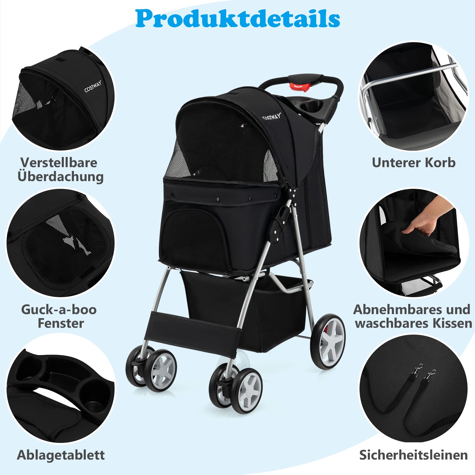 GOPLUS Huisdierenwagen, inklapbare katten- en hondenbuggy met mand en plank, verstelbare kap, EVA-wielen, draagbare reiswagen voor kleine en middelgrote huisdieren (beige