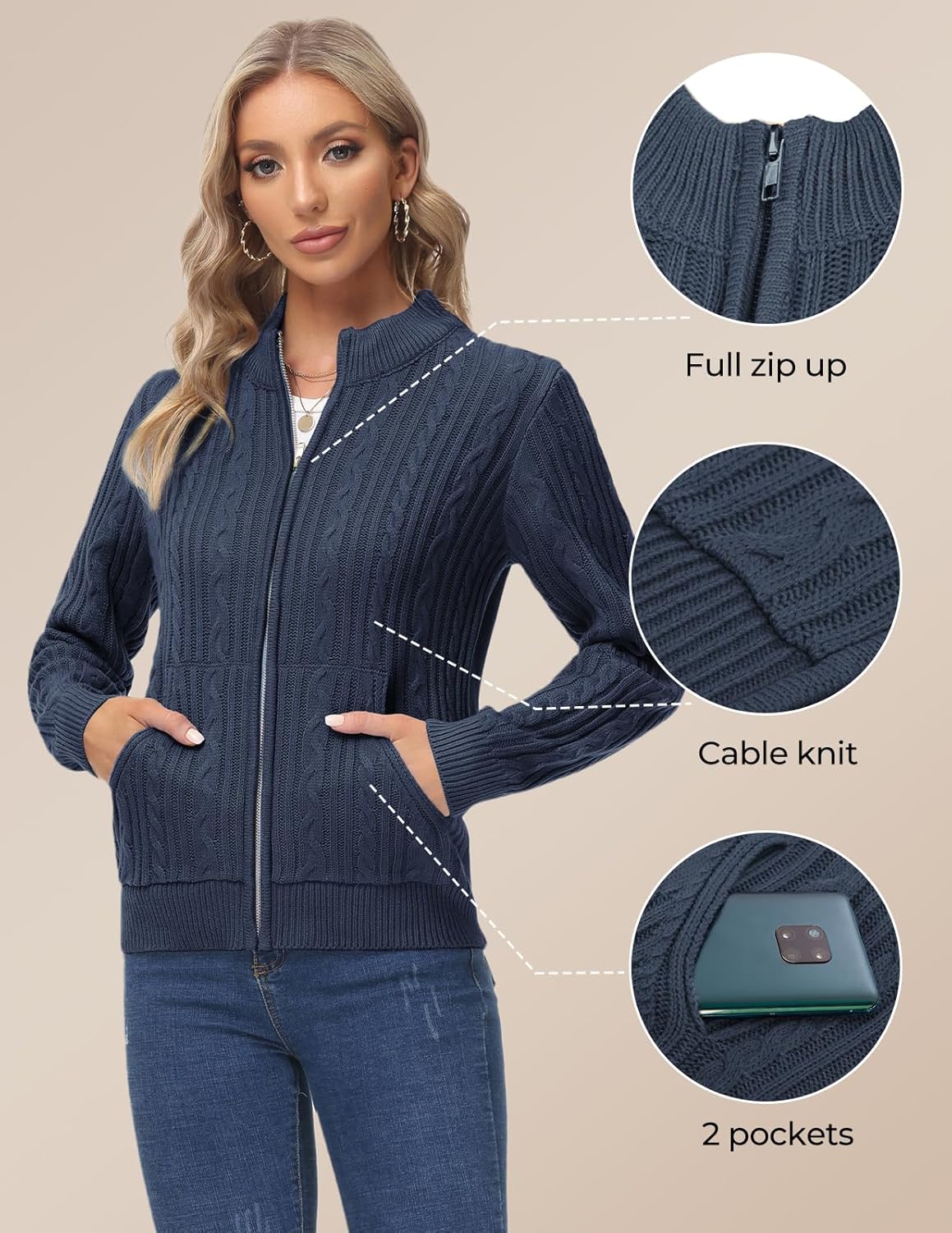 KANCY KOLE Women's Zip Up Sweaters Jacket, Cable Knit Chunky Cardigan Sweater with Pockets, Fall Winter Clothes