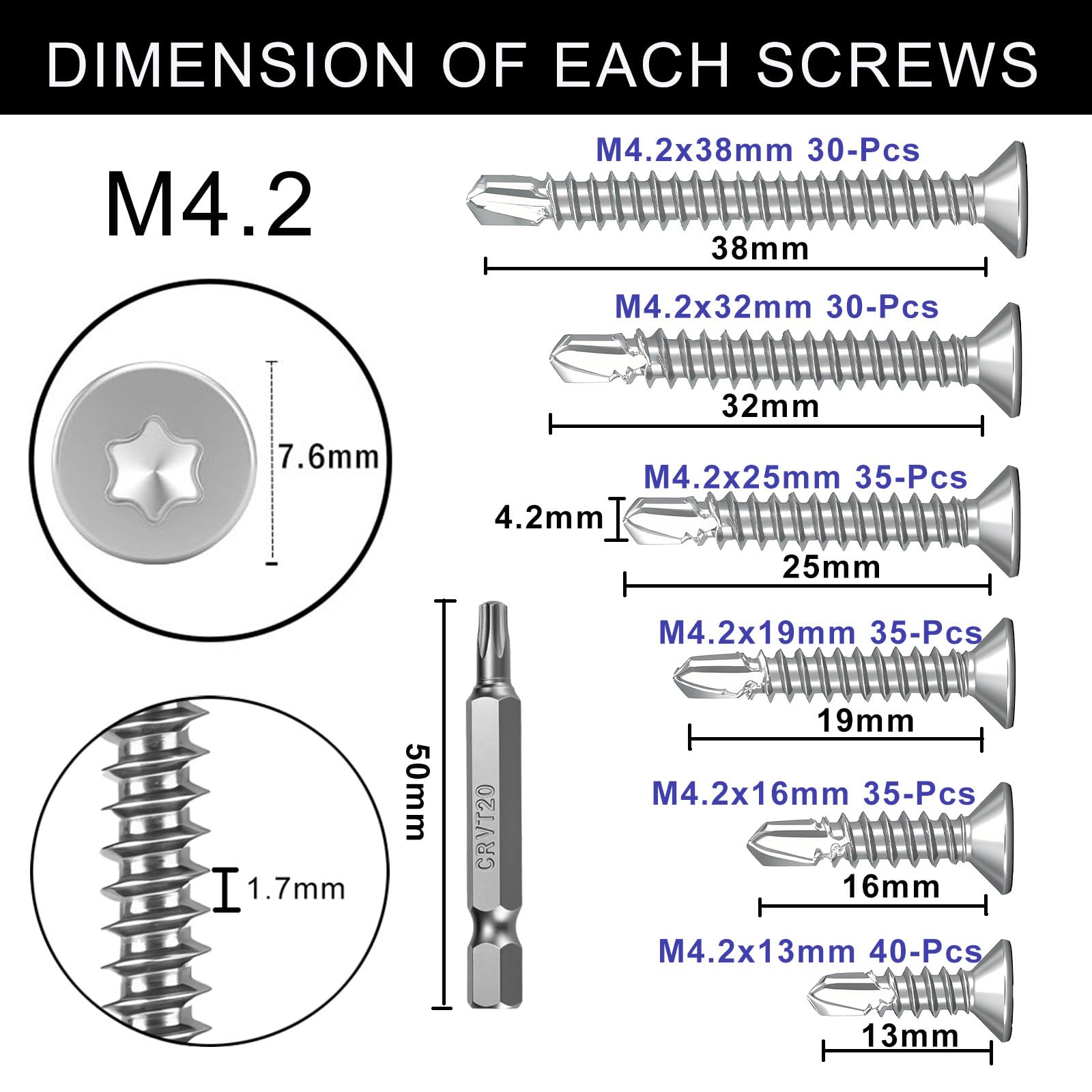 FandWay 205 Pcs Torx Self Tapping Screws Metal,M4.2x13~38mm Torx Countersunk Self Drilling Screws,Flat Head Sheet Metal Tek Screw 410 Stainless Steel With 1 T20 Bits For Aluminum Metalwork Roofing - Image 3