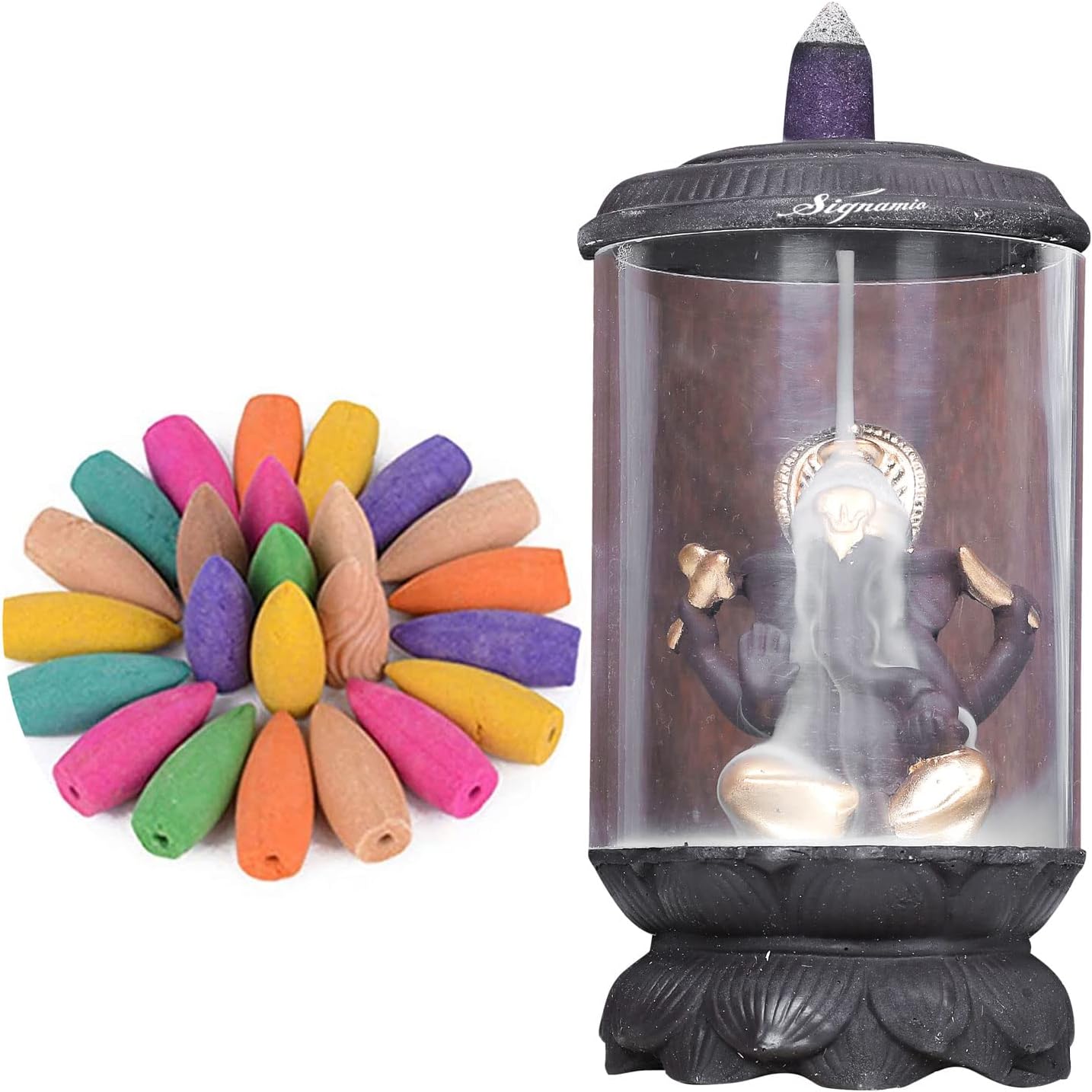 SIGNAMIO Resin Back Flow Incense Holder Glass Ganesha Incense Burner With 30 Back Flow Incense Cones-For Pooja,Meditation,Prayer,Aromatherapy Ornament Home Decor-1-Pcs/30 Cones-D-302, Black