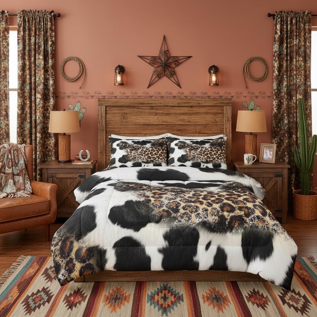 Leopard Cowhide Print Comforter Set King Size Wild Animals Skin Bedding Set 3pcs for Kids Women Girls Adult Room Decor Rustic Farm Style Quilt Set