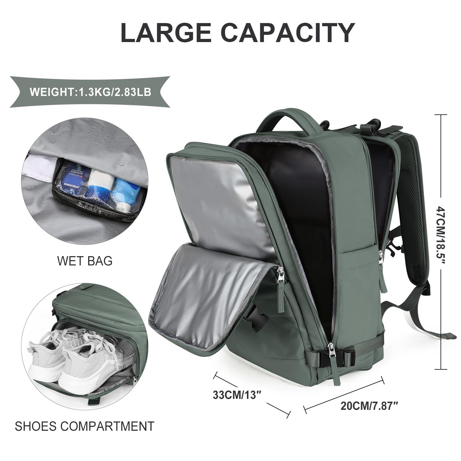 SZLX Zaino da Viaggio grande Zaino Ryanair 40x30x20 Sottovuoto Donna da escursionismo sportivo da esterno impermeabile Zaino Casual Laptop da 14 Pollici con porta di ricarica USB Scomparto per Scarpe