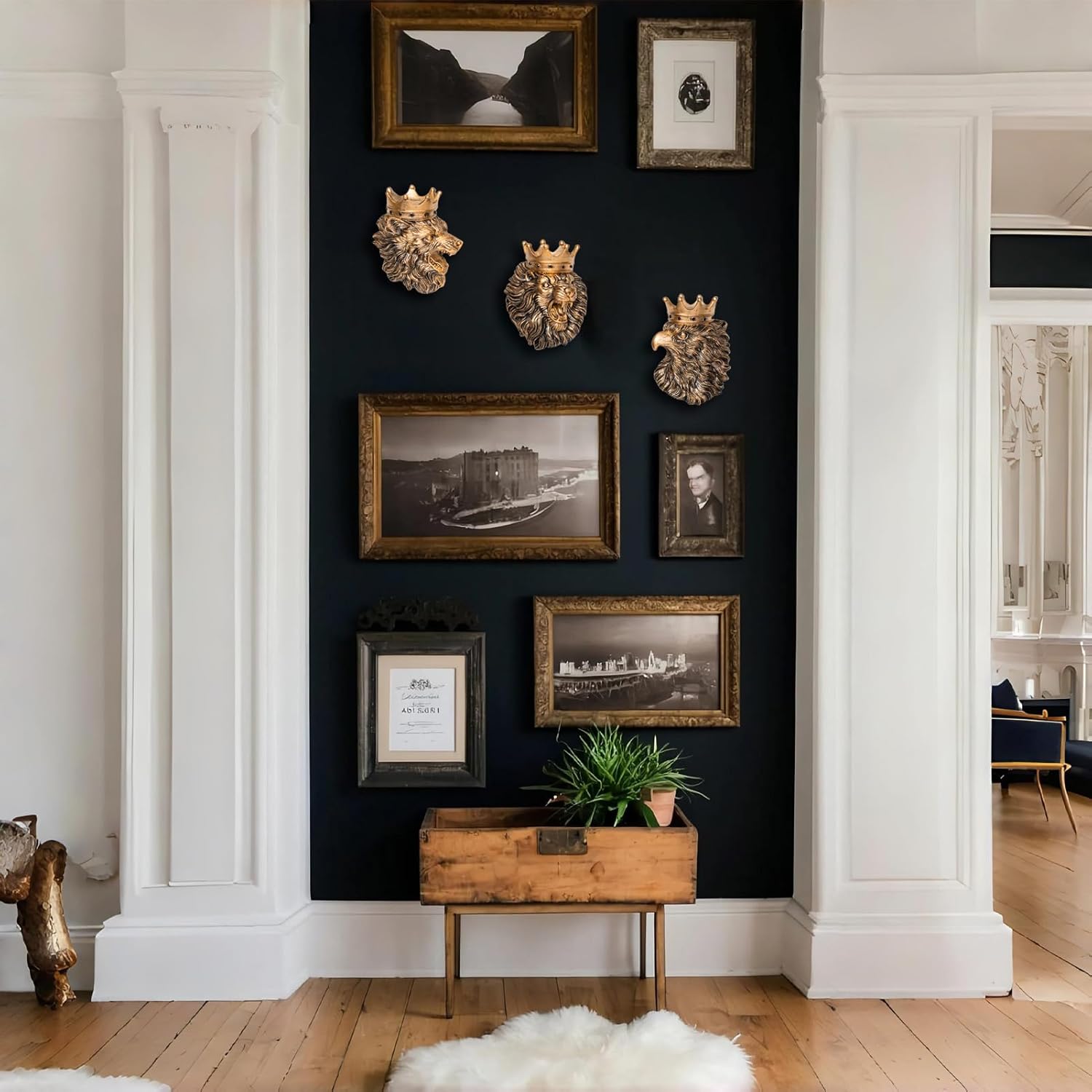 Crowned Animal Wall Decor Set - 3D Lion, Wolf & Eagle Sculptures in Resin Antique Gold Animal Royalty Wall Decorations for Living Room, Office - 5-7.5 Inches Each