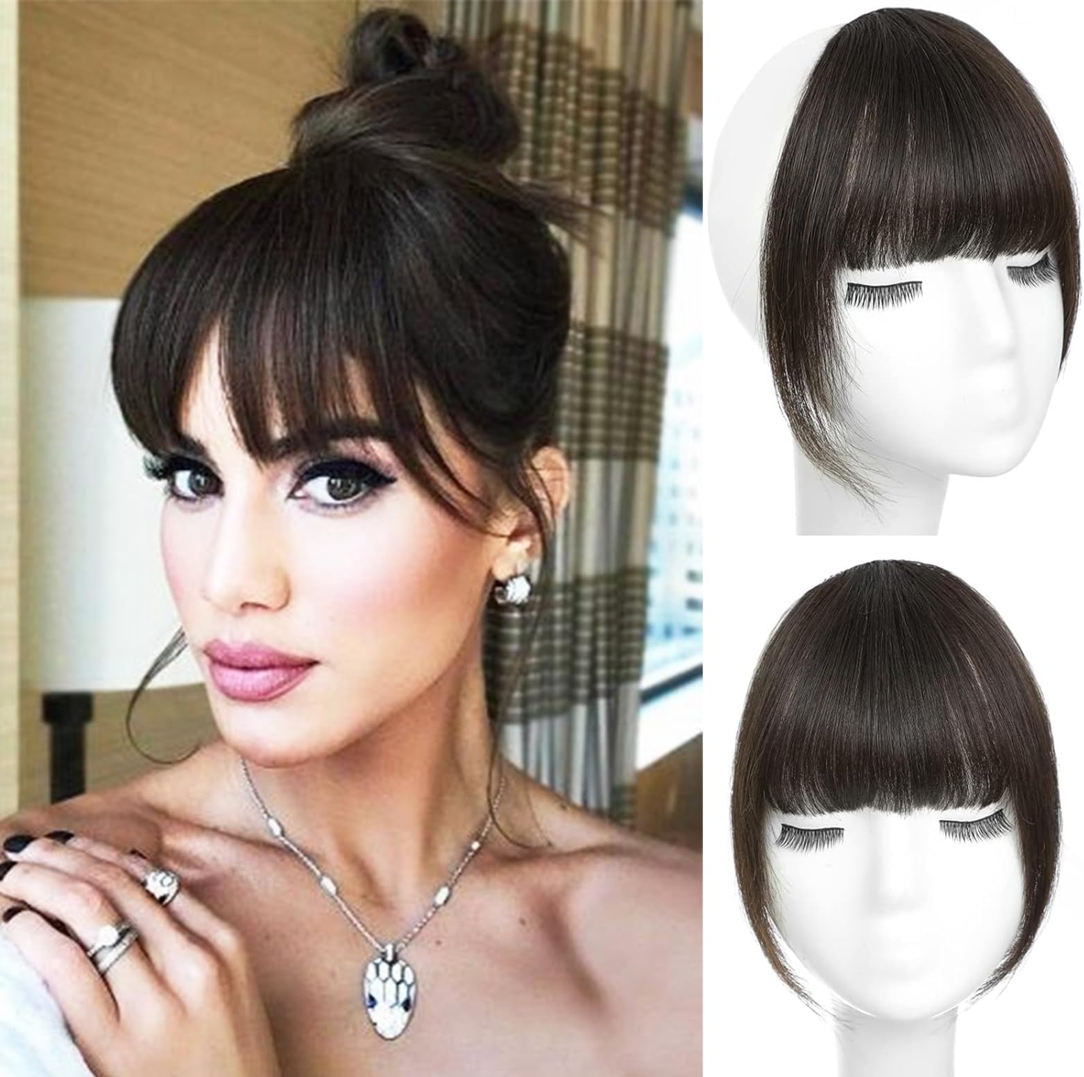 ORIGEN Clip in Bangs Real Human Hair Clip on Wispy Bangs Fringe with Temples Hairpieces Fake Front Bangs Extensions for Women Brown Black Color