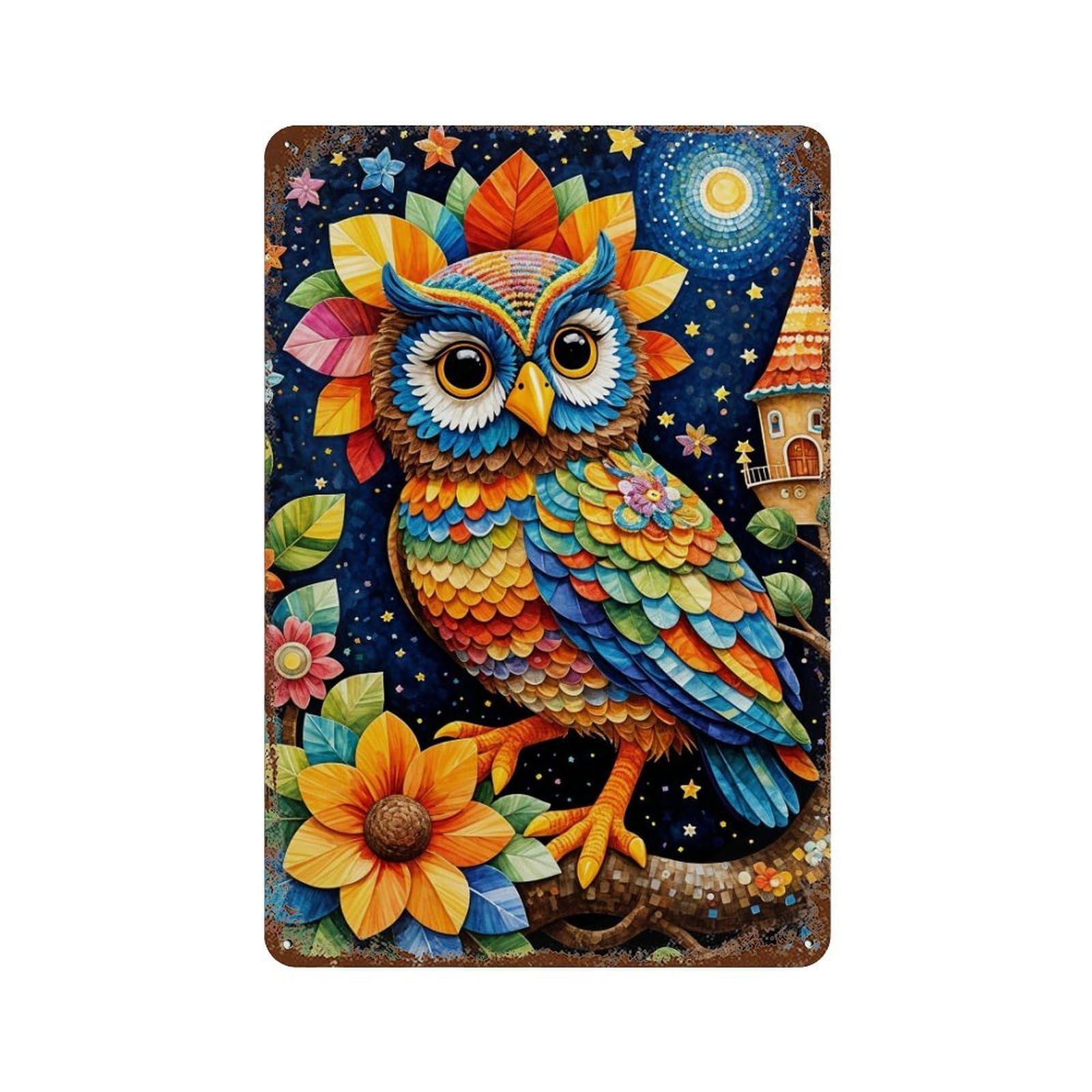 Colorful Fantasy Owl Artwork-1 11.8"x7.9" Aged Metal Wall Plaque, Classic Wall Plaque for Basement, Hobby Room And Garage Decor