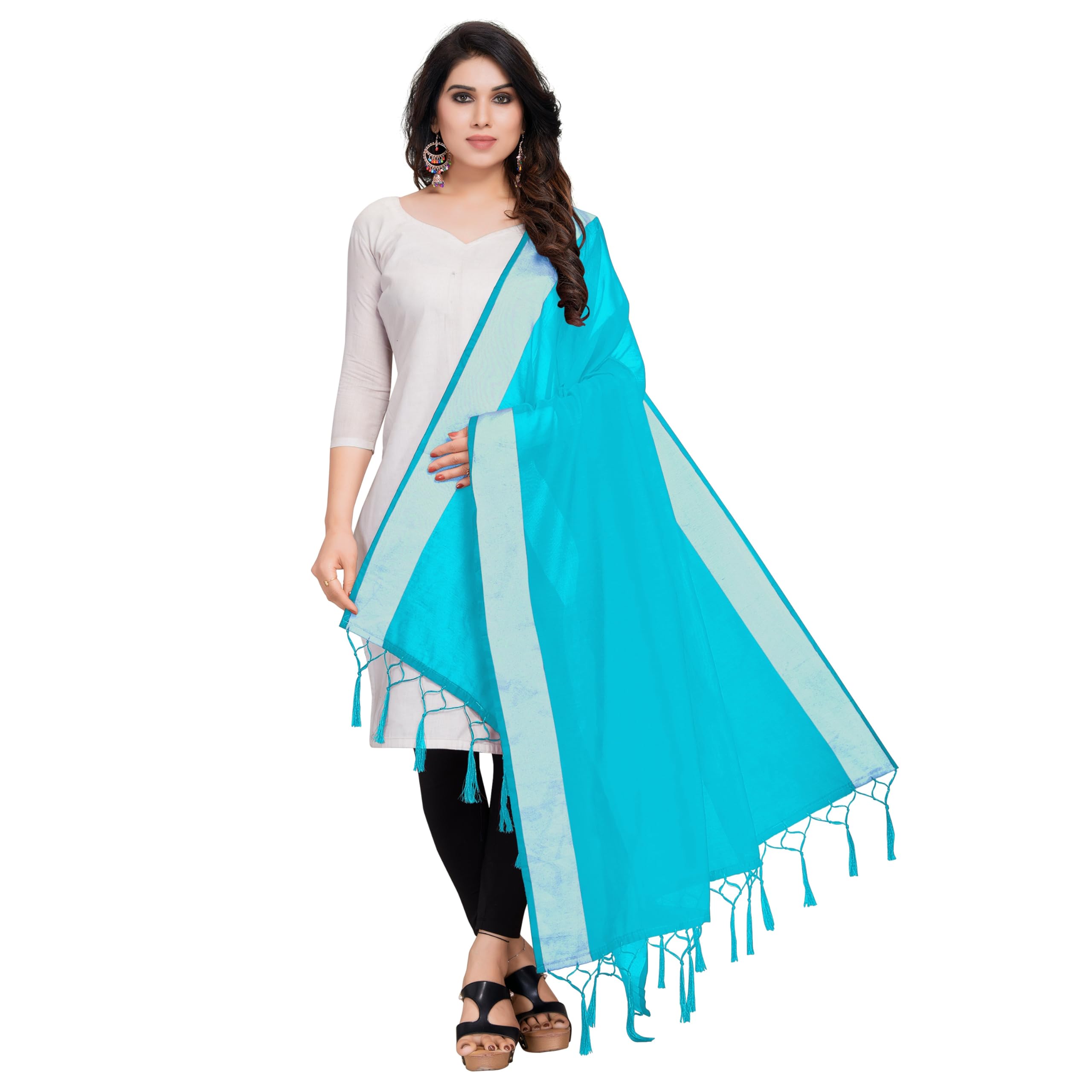 StyleScope Women's Cotton Blend Silver Zari Boarder Dupatta With Tassels (2.10 Mtr)