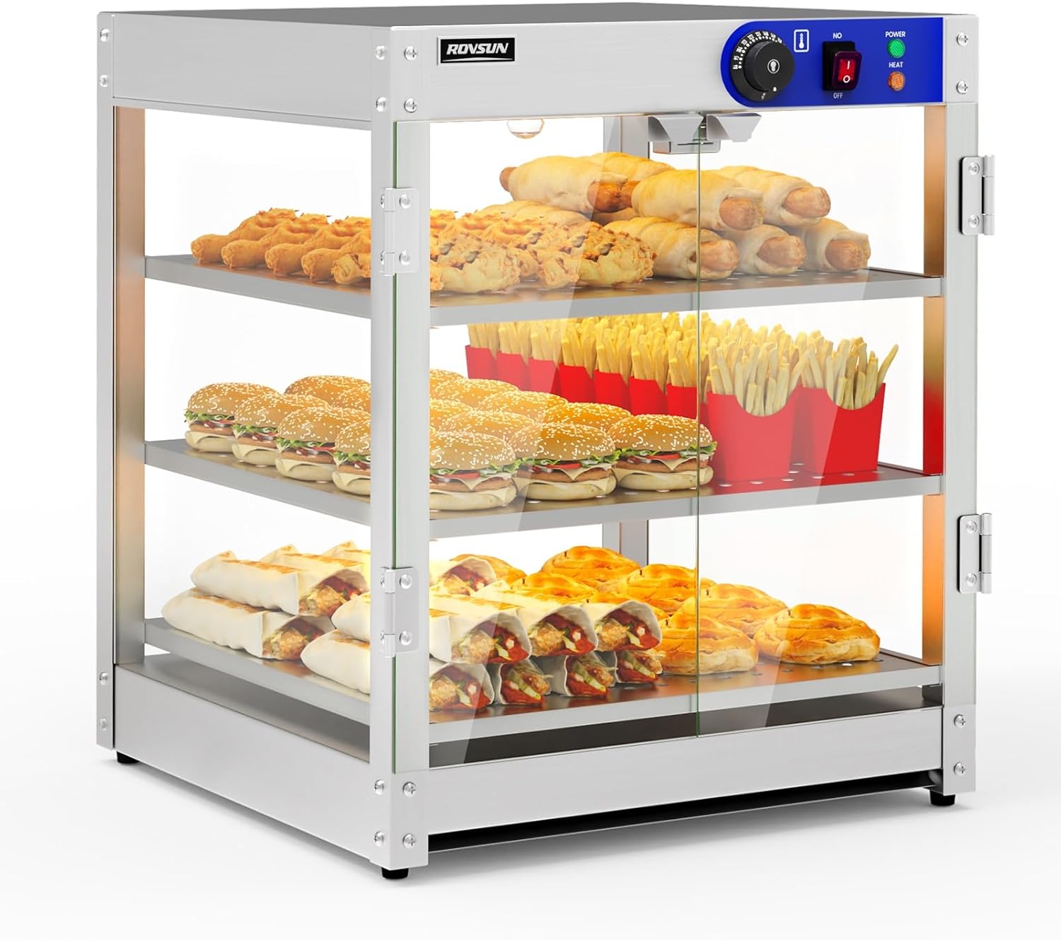 ROVSUN 3-Tier Commercial Food Warmer, Pizza Warmer Food Warmer Display with LED Lighting Removable Shelves Glass Door, Countertop Electric Food Warmer for Buffet Restaurant 110V 800W