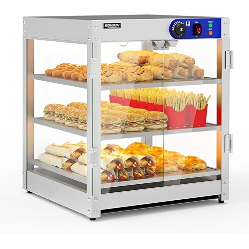 ROVSUN 3-Tier Commercial Food Warmer, Pizza Warmer Food Warmer Display with LED Lighting Removable Shelves Glass Door, Countertop Electric Food Warmer for Buffet Restaurant 110V 800W
