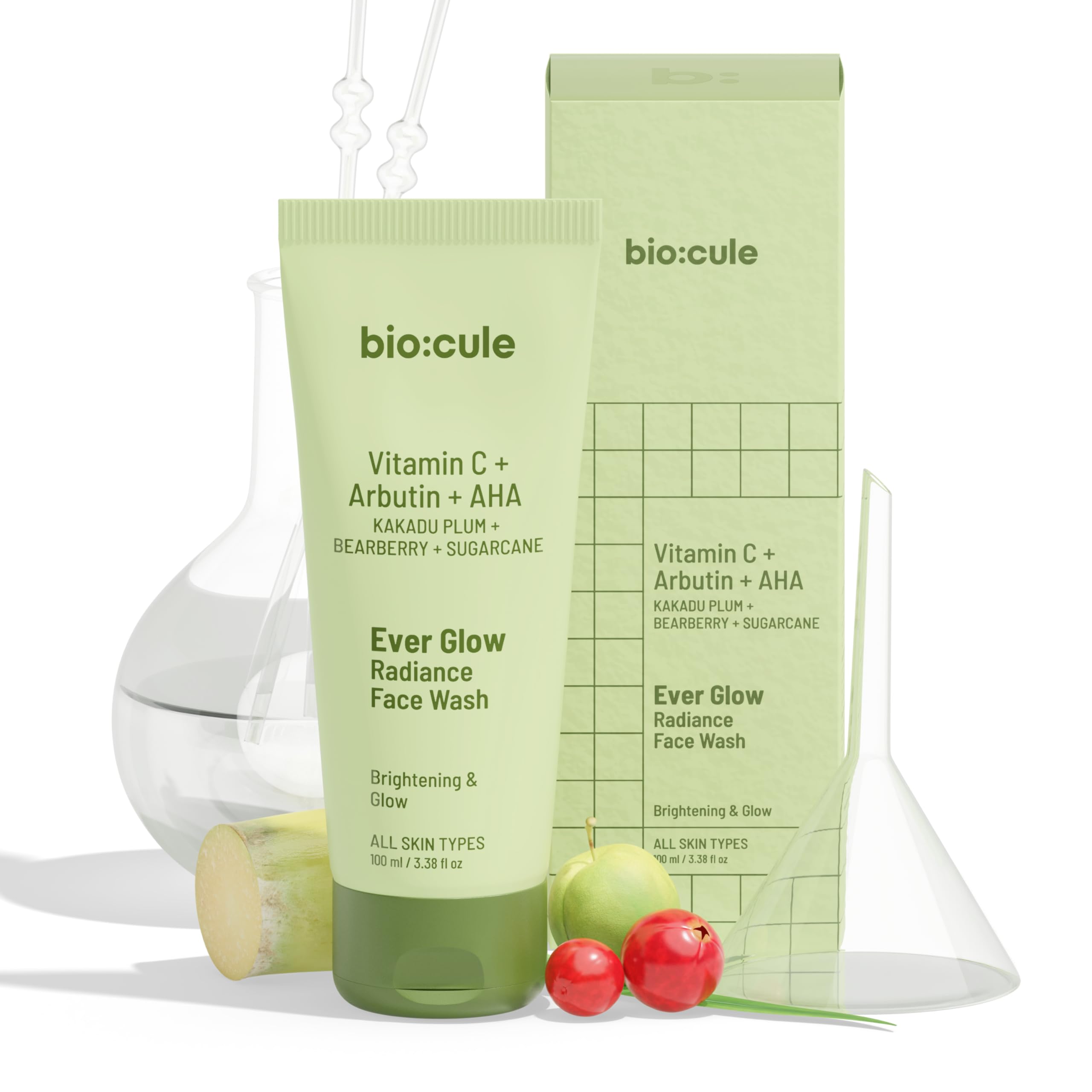 biocule Ever Glow Radiance Face Wash for Glowing & Even Skin Tone, with Vitamin C from KaKadu Plum, Arbutin from Bearberry & Glycolic Acid from Sugarcane, Glow Face Wash for All Skin Types, 100ml