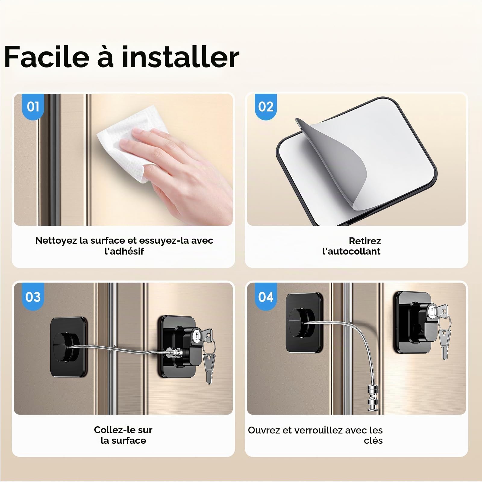 Lot de 2 Cadenas Frigo pour Bloque Réfrigérateur, Armoires et Tiroirs, Four, Fenêtres, Verrou Frigo Enfants Sans Percage ni Outils, Serrure Sécurité pour Bébés, Enfants et Adultes (Noir) (EU Brevet)
