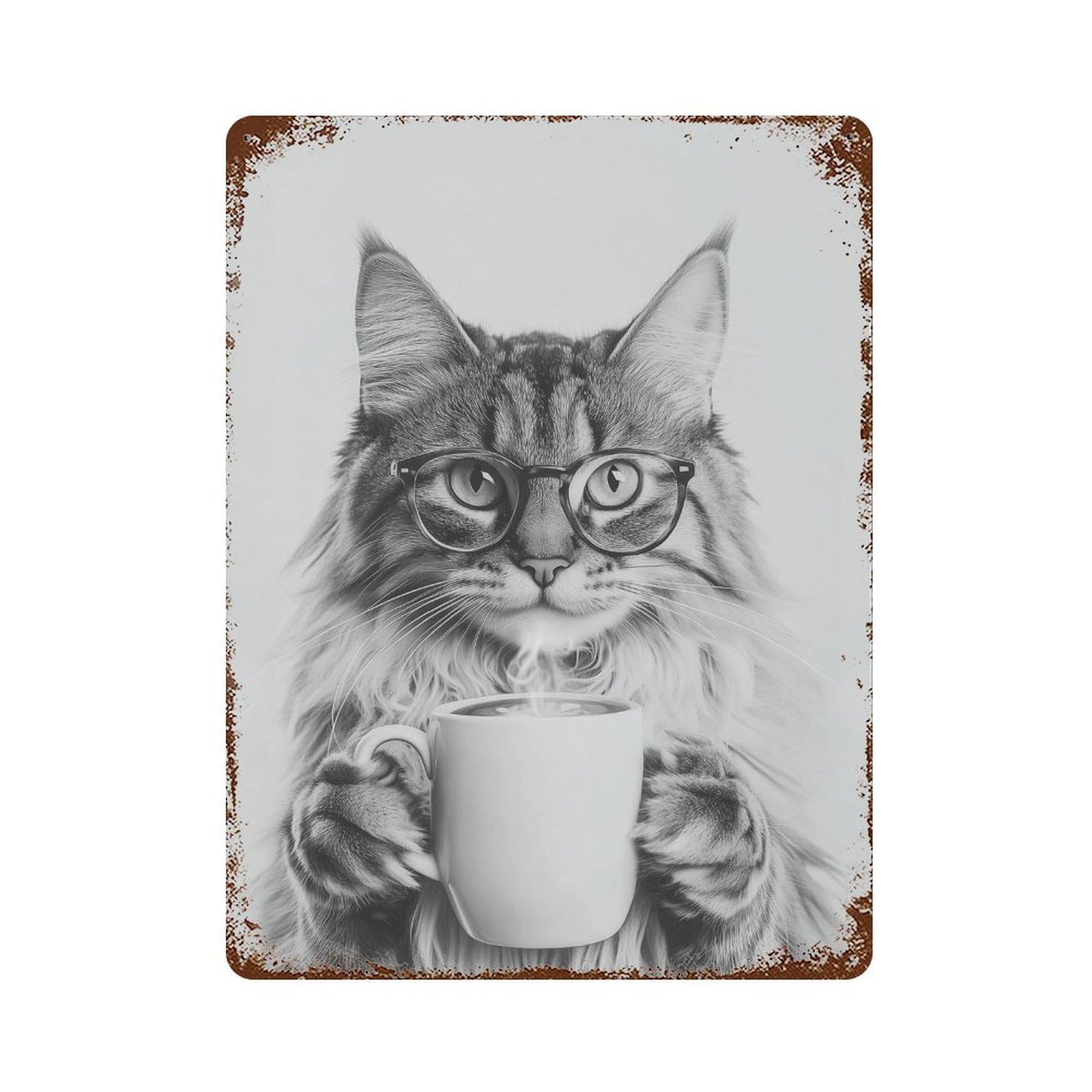 xiaoxiaoshen Maine Coon Cat Drinking Coffee Wall Art Wall Decor Art Metal Tin Poster Modern Home Decor Art Home Bar Shop Decorations Vintage Sign 40x30cm