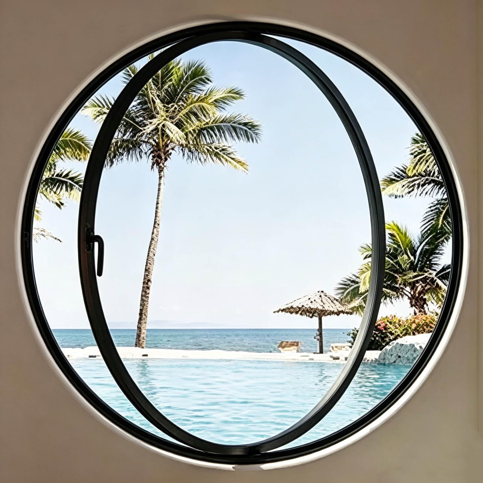 Ventana circular pivotante de 90cm con asa bloqueable para cafeterías y fachadas modernas