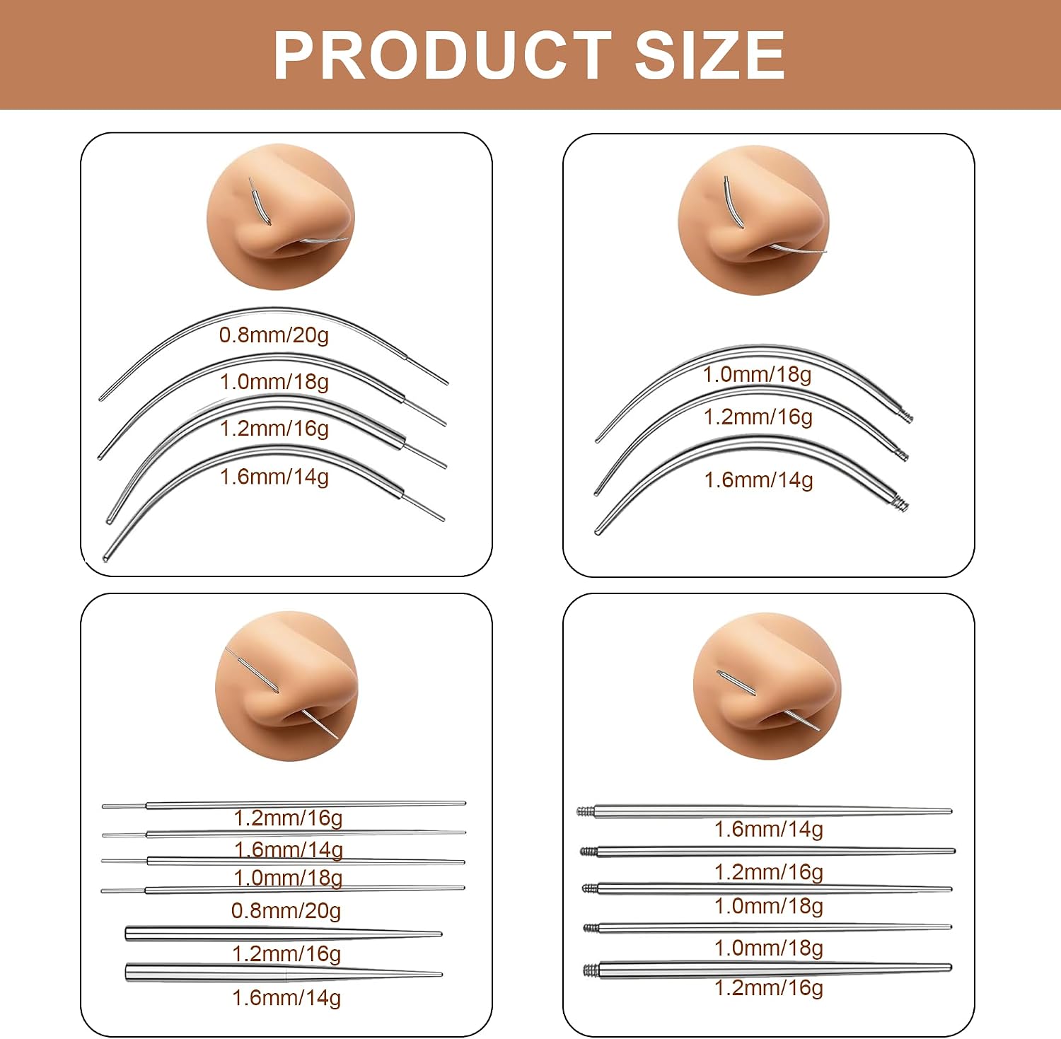 18 pcs Piercing Taper Set Insertion Pin Stretching Kit 14g 16g 18g 20g Stainless Steel Flat Back Earring Insertion Tool,Helix and Piercing Changing Kit for Ear Nose Lip Tongue Navel (Straight, Curved Needles)