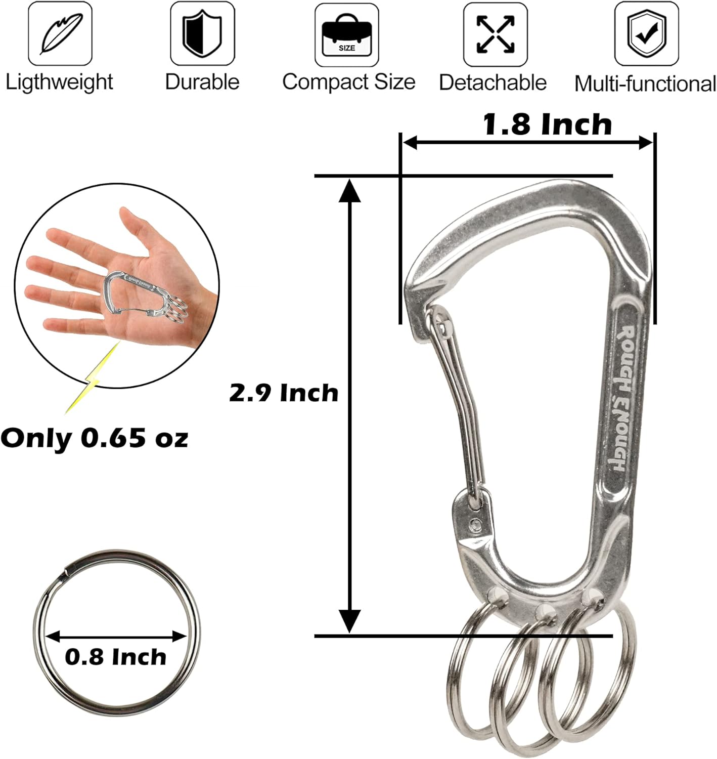 Rough Enough Carabiner Keychain Clip with Triple 3 Keyring Buckle Aluminum Alloy Metal for EDC Preppy Teens Men